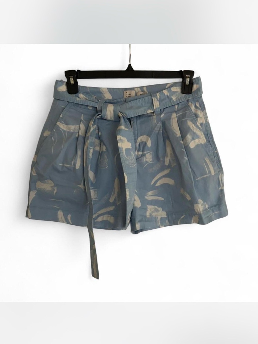 A New Day Women's Abstract Chino Shorts 10 Blue White Tie Waist Pleated Pockets